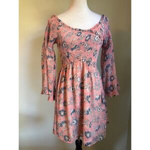 Bila 77 Pink Floral Smocked Mini Dress Bell Boho cottage whimsi dainty fairy bea